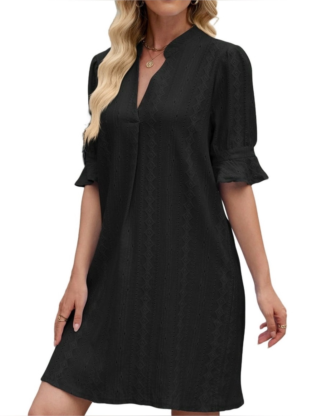 Black Ruffle Short Sleeve Casual V Neck T Shirt Dress - Large